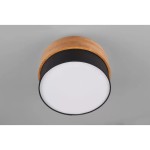 Lampa sufitowa Seasons 2-punktowa o okrągłym, białym kloszu, z naturalnym drewnianym wykończeniem u góry i czarną podstawą. Ujęcie frontalne, produkt zamontowany na gładkim tle.
