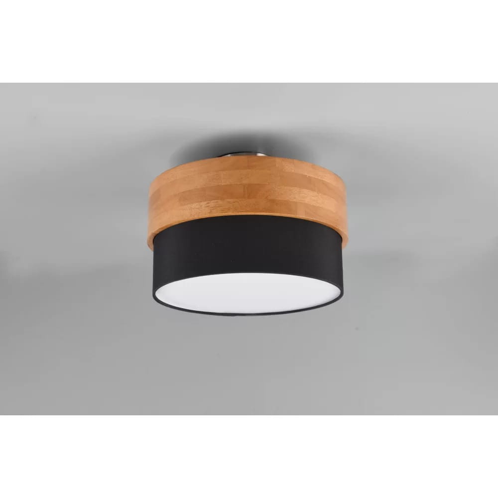 Lampa sufitowa Seasons 2-punktowa w kolorze naturalnym z drewnianym pierścieniem i czarnym kloszem, okrągła, montowana do sufitu. Widok z dołu, ukazujący detale wykończenia oraz biały dyfuzor światła.