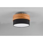 Lampa sufitowa Seasons 2-punktowa w kolorze naturalnym z drewnianym pierścieniem i czarnym kloszem, okrągła, montowana do sufitu. Widok z dołu, ukazujący detale wykończenia oraz biały dyfuzor światła.