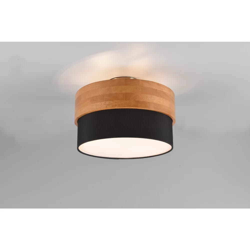 Lampa sufitowa Seasons 2-punktowa w kolorze naturalnym i czarnym, z okrągłym abażurem. Widok z dołu, montowana na suficie, z drewnianym wykończeniem i matową czarną podstawą. Oświetlenie wszechstronne, idealne do nowoczesnych wnętrz.