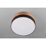 Lampa sufitowa Seasons 3-punktowa w kolorze naturalnym z czarnym wykończeniem, okrągła, zamontowana na suficie. Wykończenie drewniane z białym kloszem, zapewniająca równomierne oświetlenie. Ujęcie z góry.