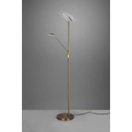 Brantford LED lampa podłogowa 2-punktowa w kolorze antycznego mosiądzu, z dwoma źródłami światła. Lampa ma smukły, metalowy stelaż oraz okrągłą podstawę. Jedno ramie z lampą o okrągłym kloszu, drugie z mniejszym, kwadratowym kloszem.
