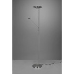 Brantford LED lampa podłogowa 2-punktowa w kolorze niklowym, z prostą, metalową konstrukcją. Wyposażona w dwa regulowane klosze, stojąca na okrągłej podstawie. Kable widoczne przy podstawie, na gładkim, jednolitym tle.
