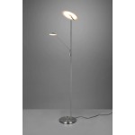 Lampa podłogowa Brantford LED 2-punktowa, wykonana z niklu, z dwoma regulowanymi głowicami o okrągłych kloszach. Wysoka, smukła konstrukcja na okrągłej podstawie, z widocznym przewodem elektrycznym. Tło szare, minimalistyczne.