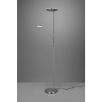 Lampa podłogowa Brantford LED 2-punktowa w kolorze niklu. Posiada dwie głowice: większą, okrągłą u góry oraz mniejszą, regulowaną na ramieniu. Stojąca na okrągłej podstawie, z kablem zasilającym widocznym na podłodze. Tło neutralne, szare.