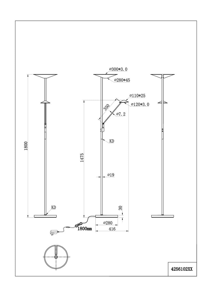 Brantford LED lampa podłogowa 2-punktowa w kolorze niklowym, o wysokości 1800 mm. Posiada dwa klosze o średnicy 280 mm i 300 mm, z prostą podstawą o średnicy 280 mm. Kabel zasilający o długości 1800 mm. Ujęcie frontalne.