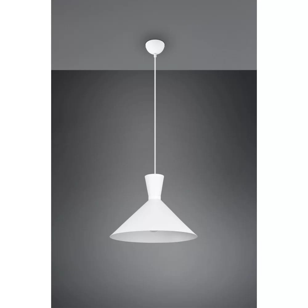 Lampa wisząca Enzo D35 w kolorze białym, z metalowym kloszem w kształcie stożka, zawieszona na cienkim przewodzie. Widok frontalny, na jednolitym tle, ukazuje elegancki, minimalistyczny design.