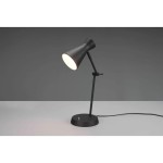 Czarna lampa stołowa Enzo z pojedynczym punktem świetlnym, o klasycznym kształcie. Ustawiona na okrągłej podstawie, z regulowanym ramieniem i kloszem w formie stożka. Kabel z włącznikiem na podstawie, w minimalistycznym stylu.