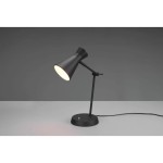 Czarna lampa stołowa Enzo z metalowym kloszem w kształcie stożka, na regulowanym ramieniu. Stabilna podstawa z włącznikiem na kablu. Oświetlenie w minimalistycznym stylu, idealna do biura lub sypialni.