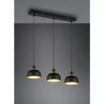 Lampa wisząca Punch 3-punktowa w kolorze czarnym z trzema kloszami. Klosze mają złote wnętrza, zawieszone na cienkich linkach z czarnym stelażem. Kąt ujęcia: z góry, na jednolitym tle.