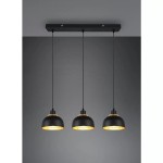 Czarna lampa wisząca 3-punktowa Punch R30813032 z metalowymi kloszami w kształcie misek, zawieszona na cienkich linkach. Klosze mają złote wnętrze, co podkreśla ich elegancki wygląd. Lampa zamontowana na prostokątnej, czarnej podstawie.