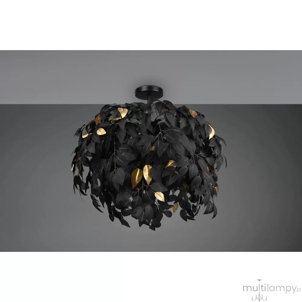 Czarna lampa sufitowa 3-punktowa Leavy, o okrągłym kształcie, z dekoracyjnymi, metalowymi liśćmi w kolorze złotym. Ujęcie z góry, montowana do sufitu, w minimalistycznym, jednolitym tle.