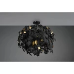 Czarna lampa sufitowa 3-punktowa Leavy, o okrągłym kształcie, z dekoracyjnymi, metalowymi liśćmi w kolorze złotym. Ujęcie z góry, montowana do sufitu, w minimalistycznym, jednolitym tle.