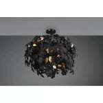 Lampa sufitowa Leavy 3-punktowa w kształcie kulistej kompozycji z czarnymi liśćmi i złotymi akcentami. Ujęcie z dołu, zawieszona pod sufitem na czarnym mocowaniu. Idealna do nowoczesnych wnętrz, w otoczeniu szarej ściany.