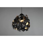 Czarna lampa wisząca Leavy z metalową konstrukcją w kształcie kuli, ozdobiona czarnymi i złotymi liśćmi. Widok z góry, z zawieszeniem na długim kablu. Idealna do nowoczesnych wnętrz, tworzy efektowne oświetlenie.