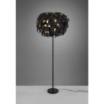 Czarna lampa podłogowa Leavy z 3 punktami świetlnymi, z abażurem w kształcie liści z elementami złotymi. Stojąca, z metalową podstawą i cienkim stelażem, na szarym tle, w minimalistycznym stylu.