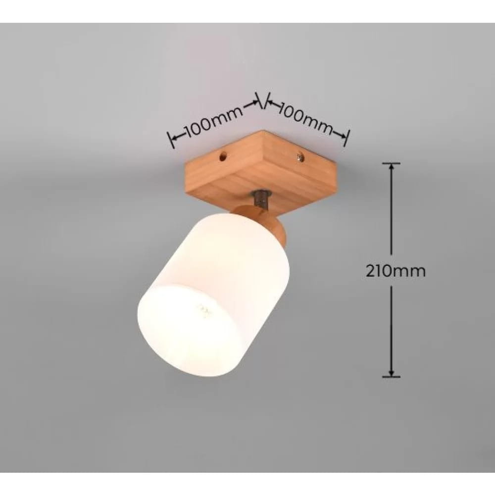 Kinkiet Assam 1-punktowy z drewnianą podstawą, biały szklany klosz. Wymiary: 210 mm wysokości, 100 mm szerokości podstawy. Ujęcie z góry, produkt zamontowany na suficie, na szarym tle.