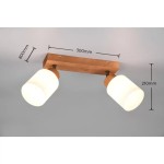 Lampa sufitowa Assam, 2-punktowa, z drewnianym mocowaniem. Dwa białe klosze z matowego szkła na metalowych uchwytach. Wymiary: długość 300 mm, wysokość 210 mm, odstęp od sufitu 800 mm. Ujęcie frontalne, zamontowana na gładkiej powierzchni.