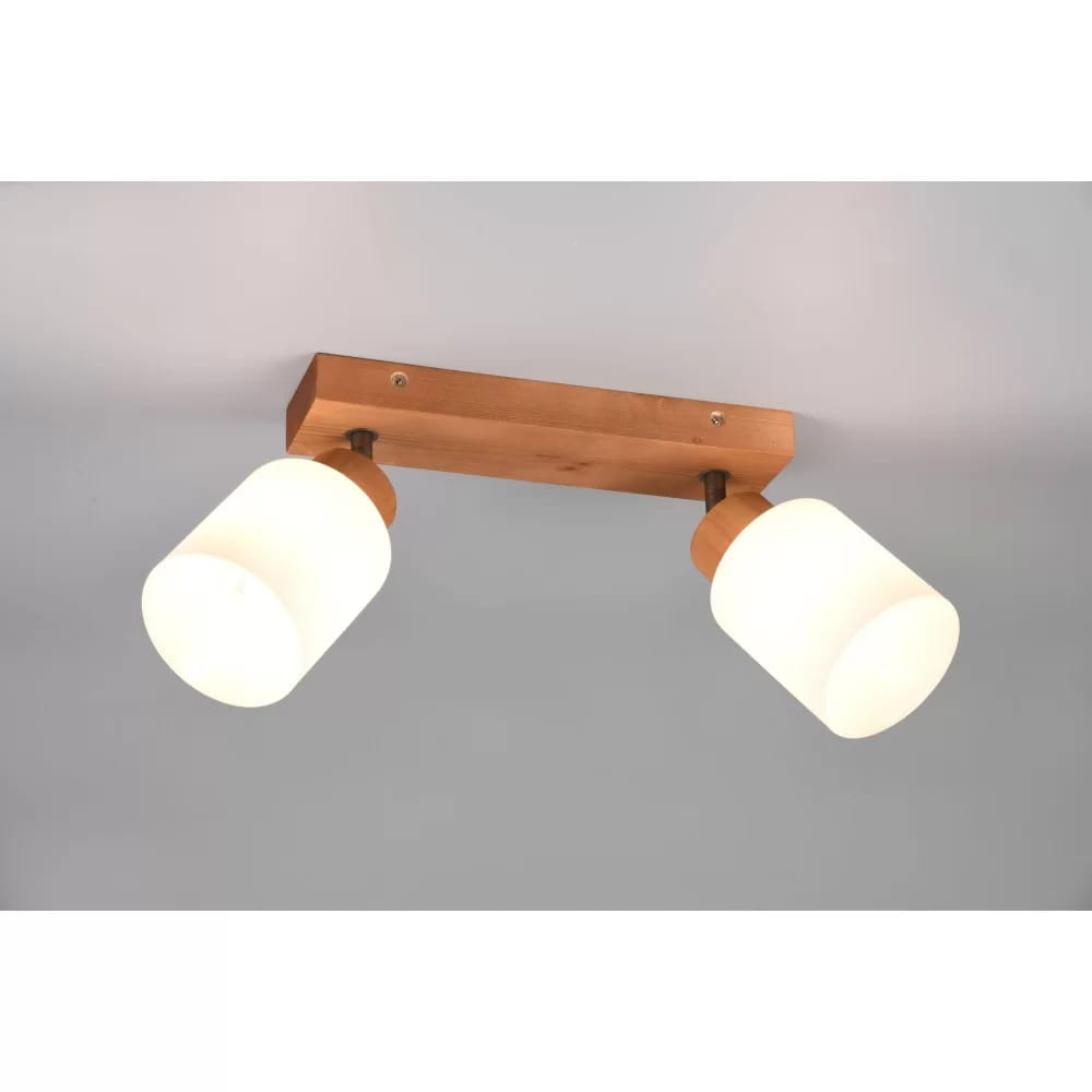 Lampa sufitowa Assam 2-punktowa, wykonana z drewna, z białymi kloszami. Ułożona poziomo, z widocznym mocowaniem do sufitu. Klosze mają okrągły kształt, zapewniając równomierne oświetlenie. Prosta konstrukcja, idealna do różnych wnętrz.