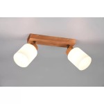 Lampa sufitowa Assam 2-punktowa, wykonana z drewna, z białymi kloszami. Ułożona poziomo, z widocznym mocowaniem do sufitu. Klosze mają okrągły kształt, zapewniając równomierne oświetlenie. Prosta konstrukcja, idealna do różnych wnętrz.