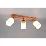 Lampa sufitowa Assam 3-punktowa z drewnianą podstawą i trzema białymi kloszami. Klosze mają cylindryczny kształt, a drewniane elementy nadają naturalny wygląd. Lampa zamontowana na poziomej belce, widok z góry.