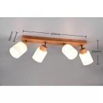 Czteropunktowa lampa sufitowa Assam z drewna z białymi kloszami. Wymiary: 600 mm szerokości, 800 mm wysokości, 210 mm głębokości. Klosze z materiału o matowej fakturze, mocowane na drewnianej listwie. Idealna do nowoczesnych wnętrz.
