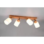 Lampa sufitowa Assam 4-punktowa, z drewnianą podstawą i czterema białymi kloszami. Ujęcie z góry, ukazujące lampę zamontowaną na suficie, z widocznymi metalowymi mocowaniami. Idealna do nowoczesnych wnętrz.