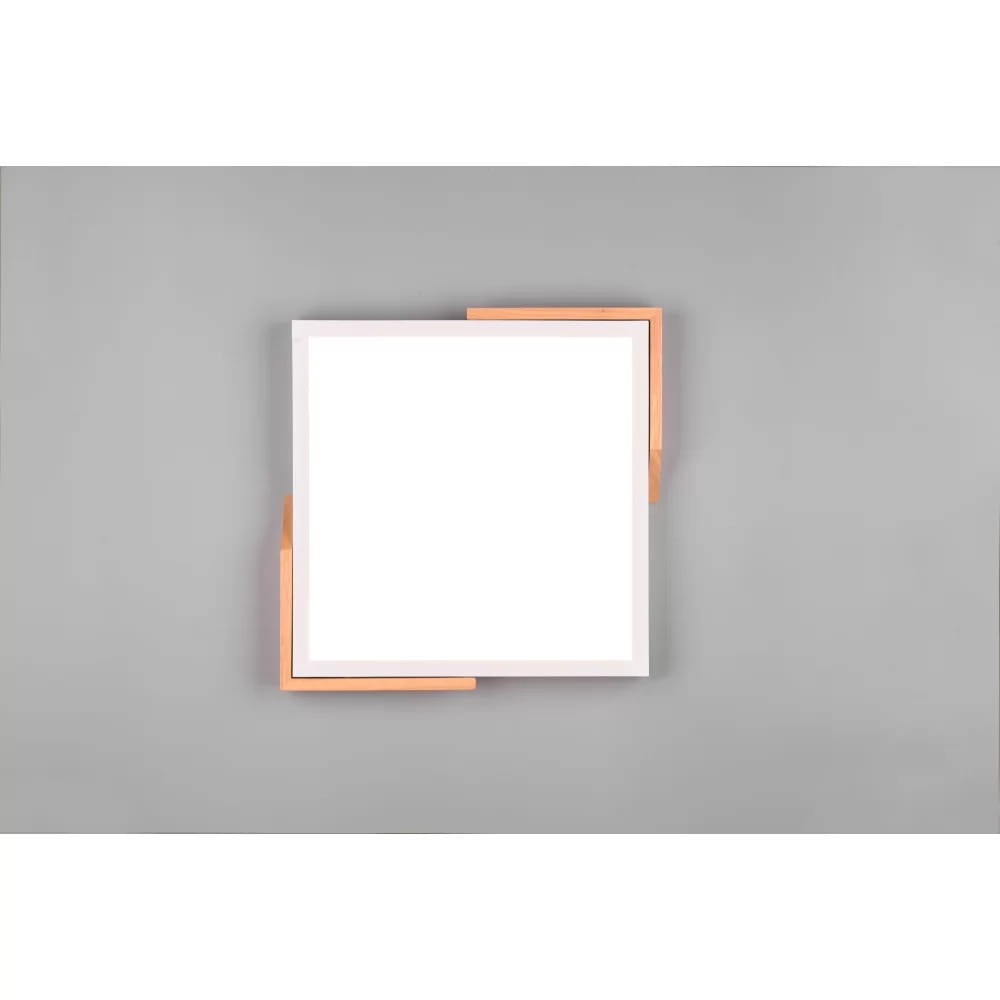 Plafon LED Meta 1-punktowy w kolorze białym z elementami drewnianymi. Kwadratowa forma z zaokrąglonymi rogami, montowany na suficie. Tło w odcieniu szarym, minimalistyczny design, idealny do nowoczesnych wnętrz.