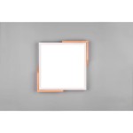 Plafon LED Meta 1-punktowy w kolorze białym z elementami drewnianymi. Kwadratowa forma z zaokrąglonymi rogami, montowany na suficie. Tło w odcieniu szarym, minimalistyczny design, idealny do nowoczesnych wnętrz.