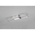 Rigido LED lampa sufitowa w kolorze niklowym, z prostokątną, matową oprawą oraz centralnym panelem świetlnym. Ujęcie z boku, zamontowana na szarym tle. Produkt z pilotem, idealny do nowoczesnych wnętrz.