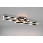 Czarna lampa sufitowa Twister LED z pilotem, o nowoczesnym designie, składająca się z prostokątnych ram w kształcie litery L. Zamontowana na okrągłej podstawie, emitująca ciepłe światło, idealna do nowoczesnych wnętrz.