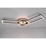 Czarna lampa sufitowa Twister LED z pilotem, składająca się z dwóch prostokątnych ramion w różnych położeniach. Okrągła podstawa z emitującym światłem w kolorze ciepłej bieli. Całość w nowoczesnym, minimalistycznym stylu.