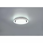 Plafon Atria D27 LED w kolorze białym i czarnym, o okrągłym kształcie, z pilotem. Widoczna struktura z delikatnymi, czarnymi liniami wokół białego klosza. Montowany na suficie, emitujący miękkie światło. Tło jasne, minimalistyczne.