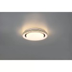 Plafon Atria D27 LED w kolorze białym i czarnym, z pilotem. Okrągły kształt z wyraźnym, matowym kloszem i delikatnymi, czarnymi liniami dekoracyjnymi. Montowany na suficie, w zbliżeniu na detal. Idealny do nowoczesnych wnętrz.