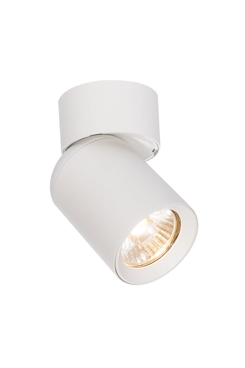 Lampa sufitowa Timo w kolorze białym, z jednym punktem świetlnym. Okrągła podsufitka z metalu, obracająca się głowica z kloszem w formie cylinderka. Widoczna żarówka z przezroczystym kloszem, emitująca światło w kierunku do dołu.