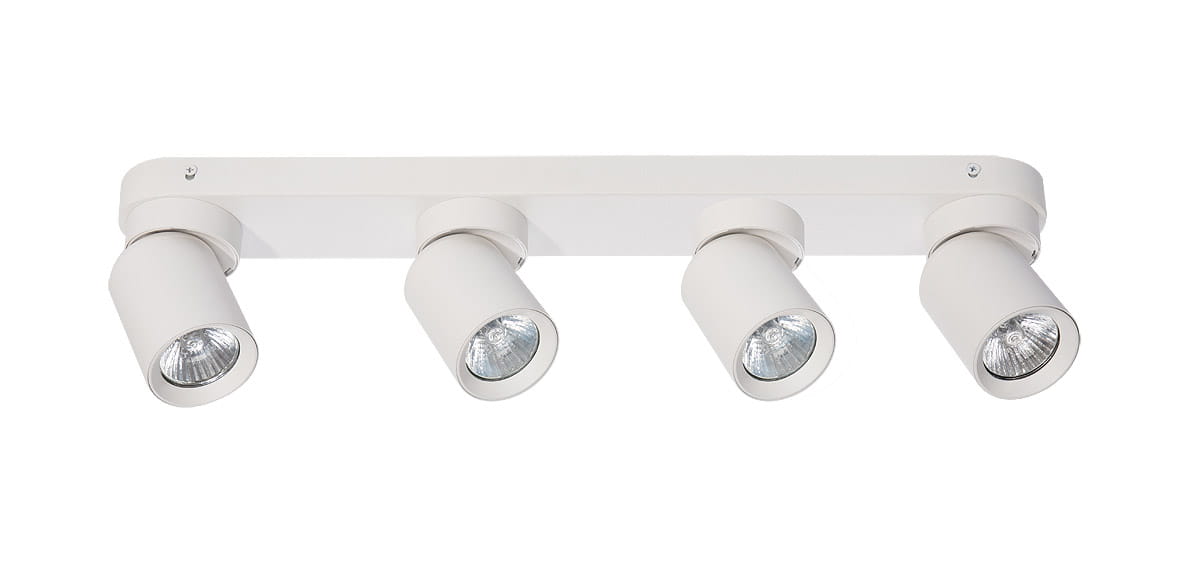 Czteropunktowa lampa sufitowa Timo w białym kolorze, z cylindrycznymi kloszami skierowanymi w dół. Ułożona poziomo, na metalowej podstawie. Klosze mają srebrne wykończenia, co podkreśla ich nowoczesny design.