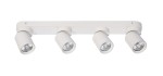 Czteropunktowa lampa sufitowa Timo w białym kolorze, z cylindrycznymi kloszami skierowanymi w dół. Ułożona poziomo, na metalowej podstawie. Klosze mają srebrne wykończenia, co podkreśla ich nowoczesny design.