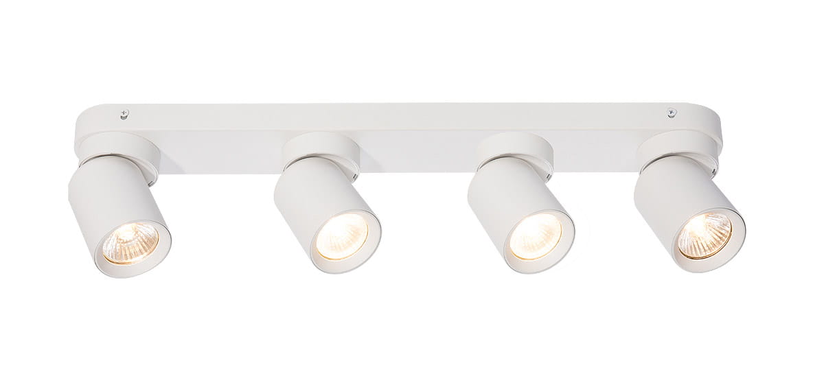 Biała lampa sufitowa Timo z czterema punktami świetlnymi, zamontowana na prostokątnej podstawie. Każdy reflektor ma cylindryczny kształt z metalicznymi detalami, skierowane w różnych kierunkach, co umożliwia regulację oświetlenia.