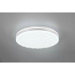 Plafon LED Tiger RGB w kolorze białym, okrągły, z fakturą przypominającą plastry miodu. Wyposażony w pilot do zdalnego sterowania, zamontowany na suficie, z subtelnymi białymi detalami. Idealny do nowoczesnych wnętrz.