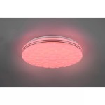 Plafon LED Tiger RGB w kolorze białym, okrągły, z fakturą przypominającą chmurki. Oświetlenie emituje różowe światło, umieszczone na szarym tle. Posiada możliwość sterowania pilotem.
