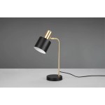 Lampa stołowa Adam 1-punktowa w kolorze złotym i czarnym. Posiada okrągłą podstawę, smukły, złoty stelaż oraz czarną głowicę z białym wnętrzem. Ujęcie z boku, na szarym tle. Kabel zasilający widoczny obok podstawy.