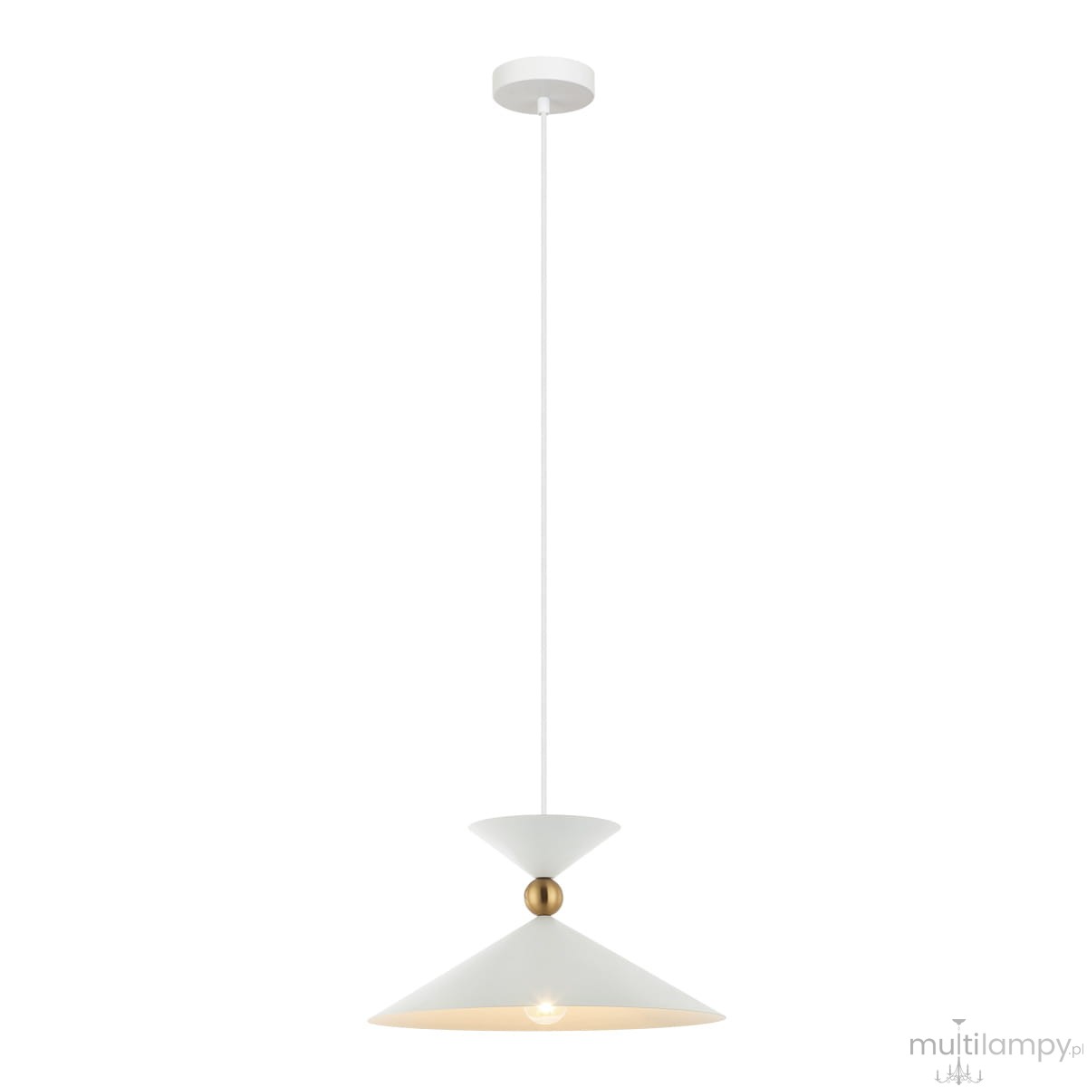 Lampa wisząca Quelto 1-punktowa w kolorze białym z metalowym złotym detalem. Kształt stożka z szerokim kloszem i smukłym przewodem. Zawieszona na białym stropie, idealna do nowoczesnych wnętrz.