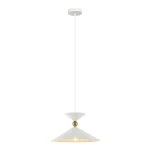 Lampa wisząca Quelto 1-punktowa w kolorze białym z metalowym złotym detalem. Kształt stożka z szerokim kloszem i smukłym przewodem. Zawieszona na białym stropie, idealna do nowoczesnych wnętrz.