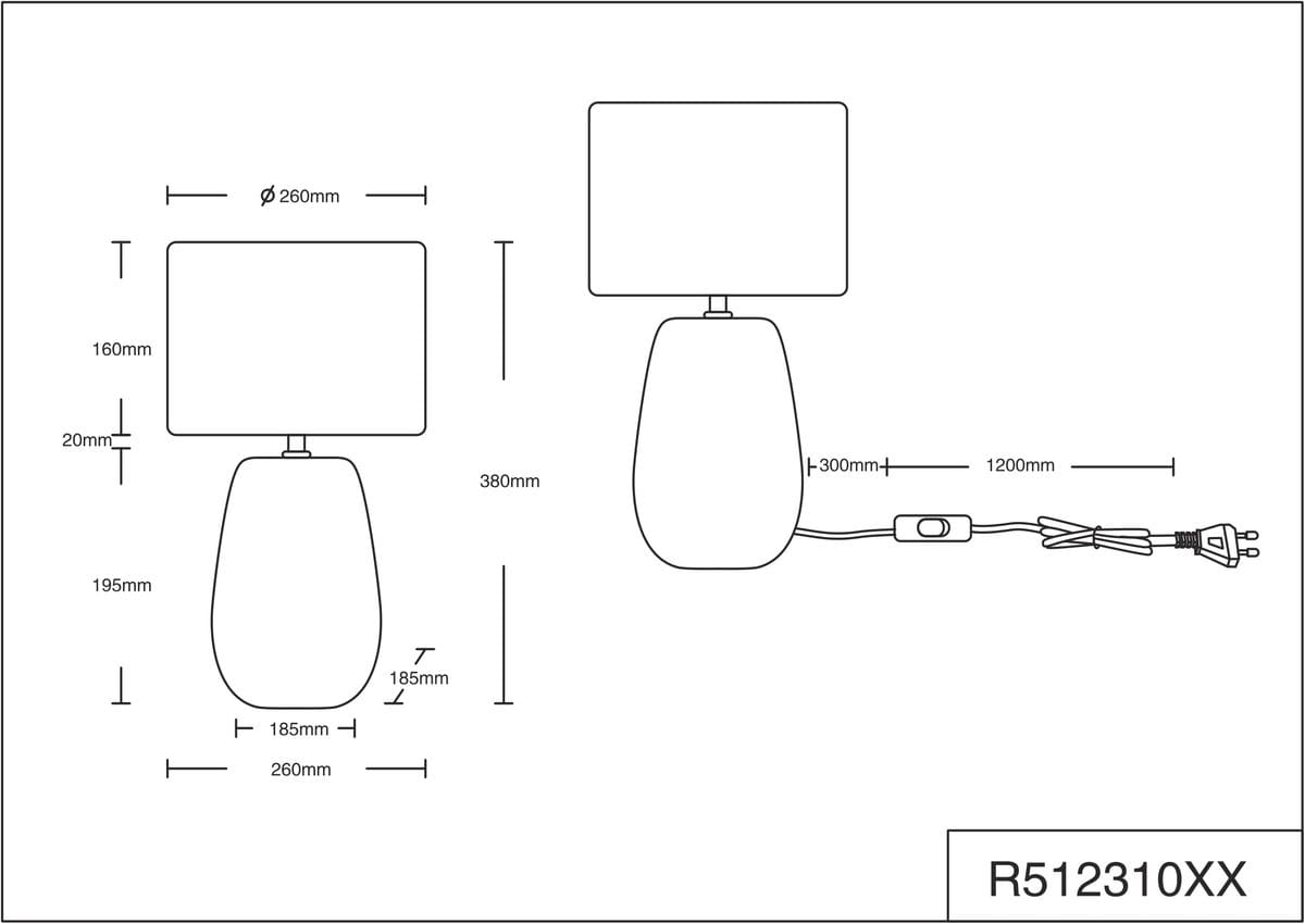 Lampa stołowa Kiran 1-punktowa w kolorze szarym i beżowym, o kształcie stożkowym, z prostokątnym kloszem. Wysokość 380 mm, średnica podstawy 260 mm. Wyposażona w kabel o długości 1200 mm z włącznikiem.