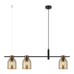 Czarna lampa wisząca Servio z trzema bursztynowymi kloszami, umieszczona na prostokątnej metalowej konstrukcji. Klosze mają zaokrąglony kształt, a całość wisi na cienkim, czarnym przewodzie. Idealna do nowoczesnych wnętrz.