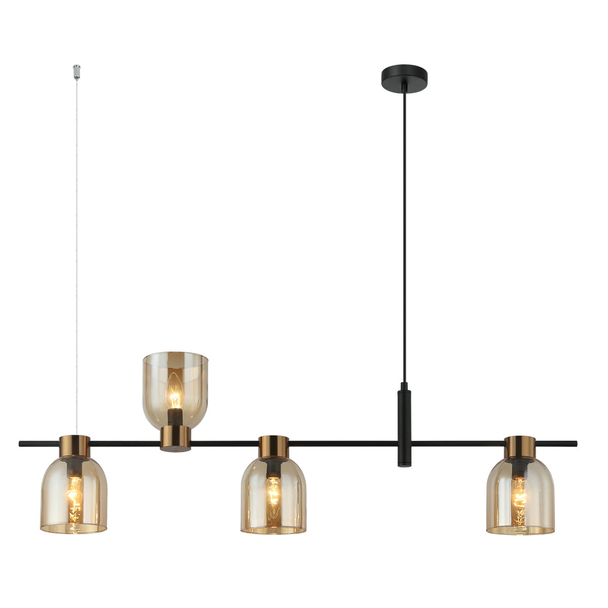 Czarna lampa wisząca Servio z czterema punktami świetlnymi, z bursztynowymi kloszami o zaokrąglonym kształcie. Produkt zawieszony na cienkim przewodzie, z metalowym stelażem w kolorze czarnym. Idealna do nowoczesnych wnętrz.