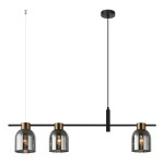 Lampa wisząca Servio 3-punktowa w kolorze czarnym z dymionymi kloszami. Ułożona poziomo na czarnej rurce, z trzema szklanymi kloszami z mosiężnymi detalami. Długość zwisu regulowana, montowana na suficie.