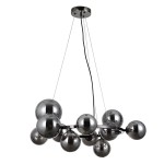 Lampa wisząca Canello 11-punktowa w kolorze czarnego chromu z dymionymi kulami. Produkt zawieszony na cienkich linkach, z okrągłym mocowaniem sufitowym. Wymiary i detale konstrukcyjne nie są widoczne. Tło białe, co podkreśla elegancki wygląd lampy.