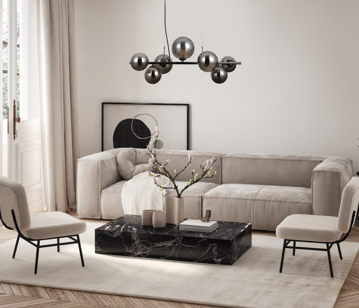 Lampa wisząca Canello 7-punktowa w kolorze czarnym chromowanym z dymionymi kloszami, zawieszona nad stolikiem kawowym w nowoczesnym wnętrzu. W tle widoczne jasne zasłony i grafika na ścianie. Meble w odcieniach beżu i czerni.