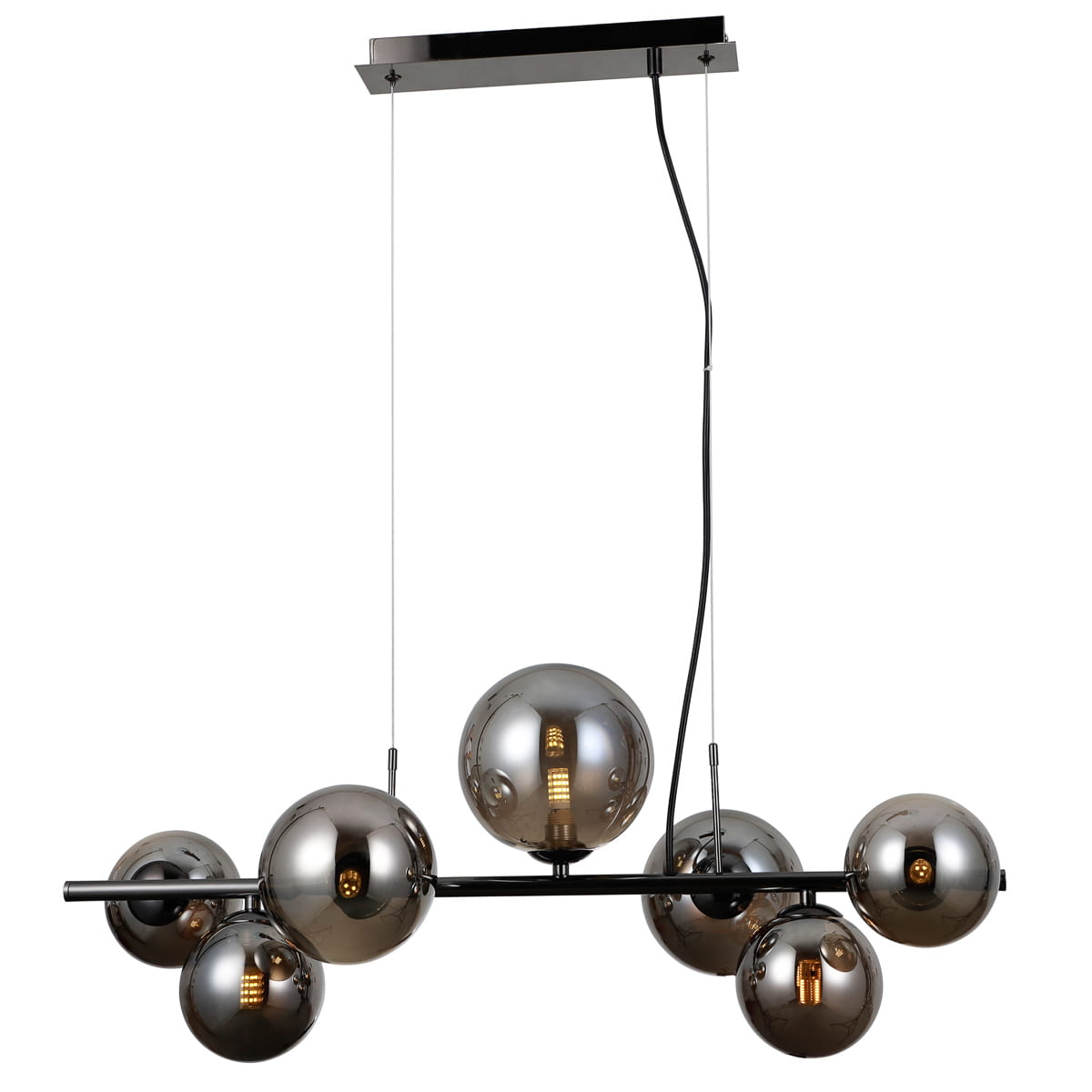 Lampa wisząca Canello 7-punktowa w kolorze czarnego chromu i dymionych szklanych kul. Siedem kul umieszczonych na prostokątnym stelażu, zwisająca na cienkich linkach. Nowoczesny design, idealna do eleganckich wnętrz.